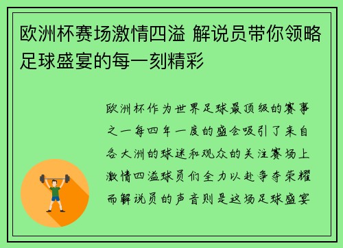 欧洲杯赛场激情四溢 解说员带你领略足球盛宴的每一刻精彩